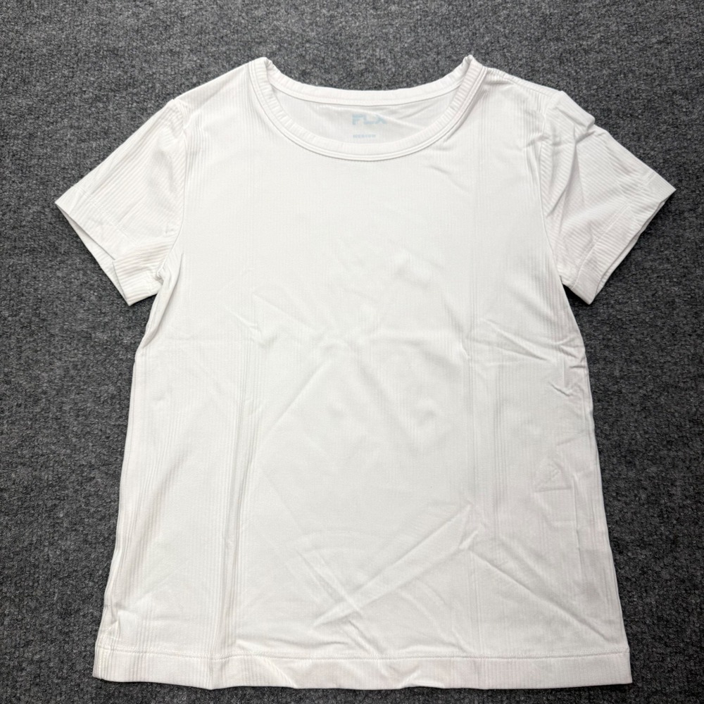 FLX Women White Ribbed Short Sleeve Active Outdoor Crew Neck Top Size Medium